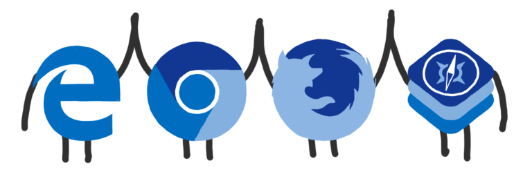 The logos of the four major browsers, holding hands in victory